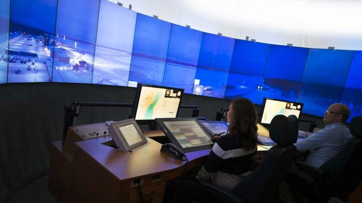 Example of how remote air traffic control modules at RNAS Culdrose could look on curved screen wall 22021 CREDIT Saab.jpg