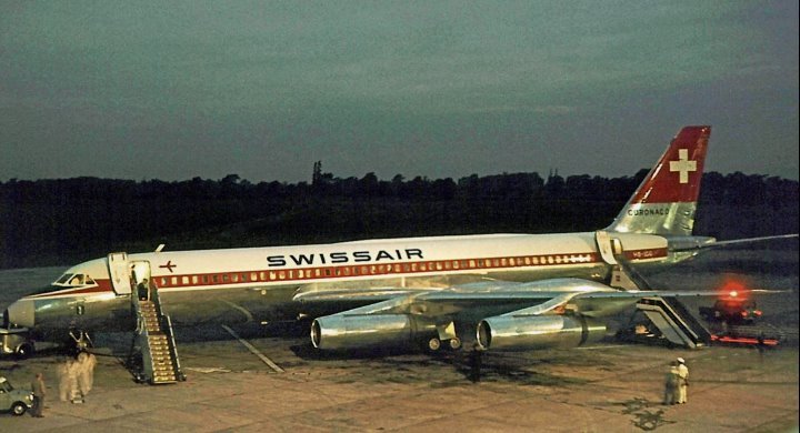 Swissair CV990A Coronado St Gallen at Manchester Airport in 1964.JPG
